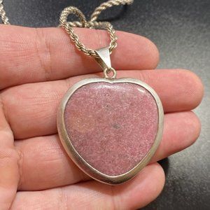 Vintage 925 Mexico Pink Rhodonite Heart Pendant 17 3/4 Braided Sterling Necklace